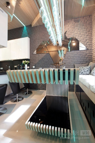 復古而科幻可變換燈光的未來廚房