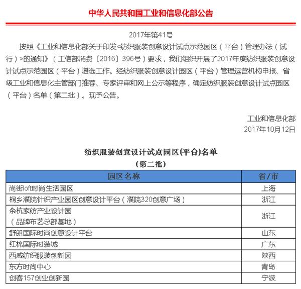 第二批紡織服裝創(chuàng)意設(shè)計(jì)試點(diǎn)園區(qū)(平臺(tái))名單出爐